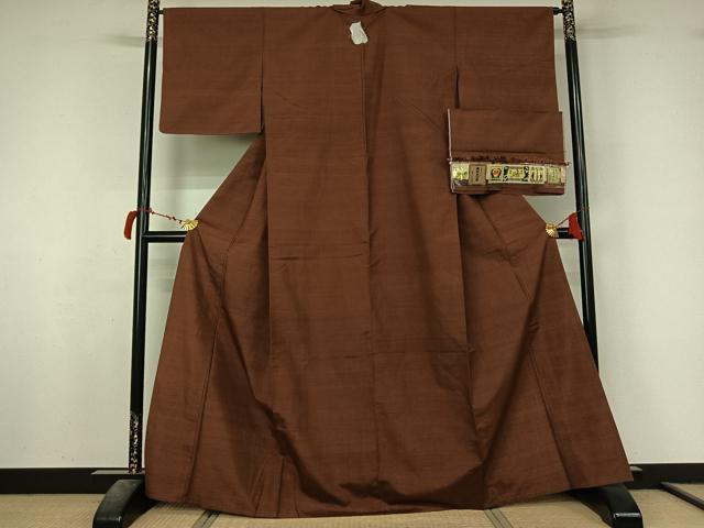 平和屋着物▽本場真綿結城紬 単衣 赤褐色 証紙付き 正絹 逸品 未使用 AABL9037jh