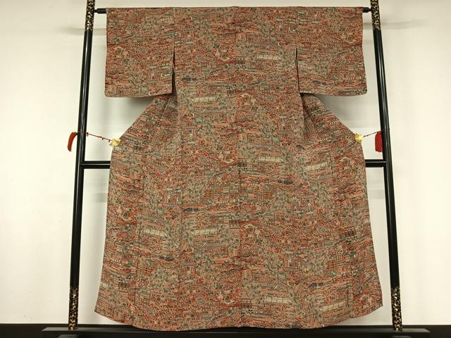 平和屋着物▽上質な小紋 単衣 型染め 人物風景文 鬼しぼ縮緬 正絹 逸品 AABL9049jh