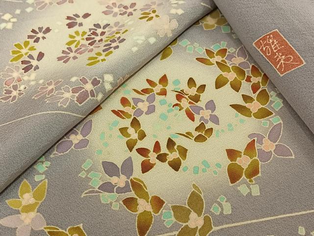 平和屋着物▽本加賀友禅作家 岡崎重雄 訪問着 単衣 草花文 暈し染め 正絹 逸品 AABL9099jh