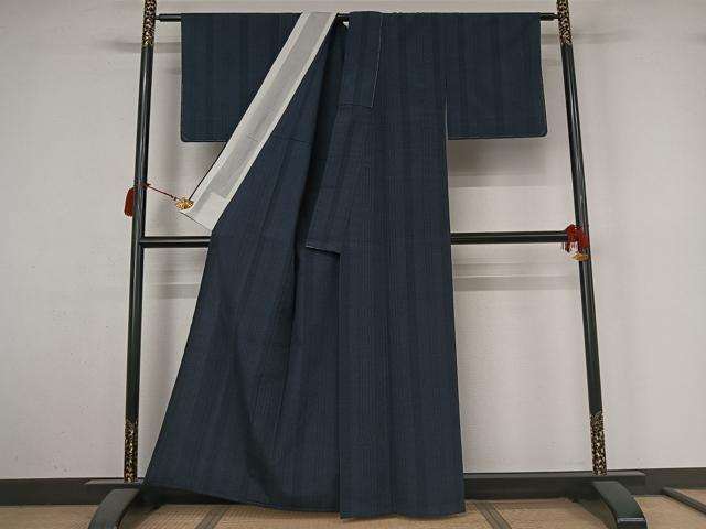 平和屋着物▽本塩沢 単衣 110亀甲 変わり縞 正絹 逸品 未使用 AABL9113jh