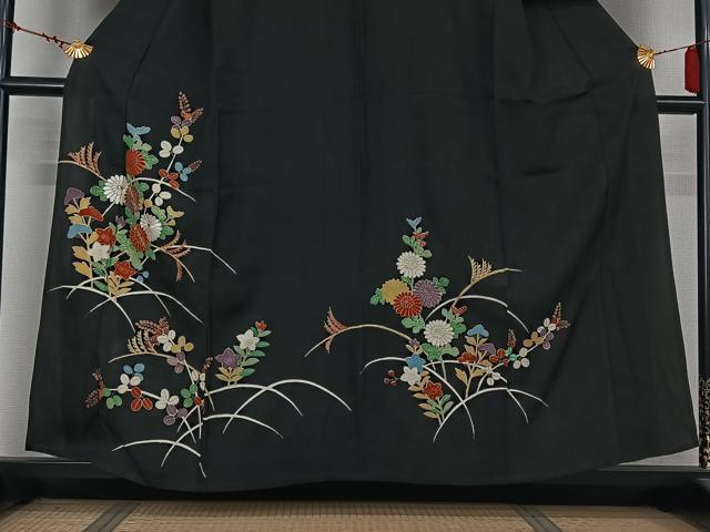平和屋着物▽訪問着 単衣 駒刺繍 芝花文 黒地 金彩 正絹 逸品 AABL9122jh