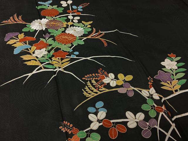 平和屋着物▽訪問着 単衣 駒刺繍 芝花文 黒地 金彩 正絹 逸品 AABL9122jh