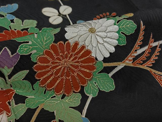平和屋着物▽訪問着 単衣 駒刺繍 芝花文 黒地 金彩 正絹 逸品 AABL9122jh