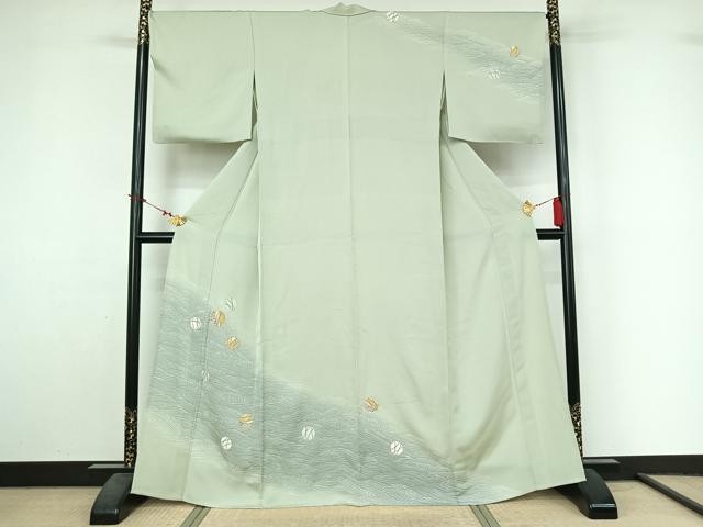 平和屋着物▽訪問着 単衣 駒刺繍 雪輪立波文 金彩 正絹 逸品 AABL9157jh