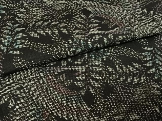平和屋着物▽本場大島紬 単衣 9マルキ 飛鶴草葉文 黒地 正絹 逸品 AABL9205jh