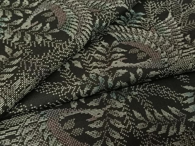 平和屋着物▽本場大島紬 単衣 9マルキ 飛鶴草葉文 黒地 正絹 逸品 AABL9205jh