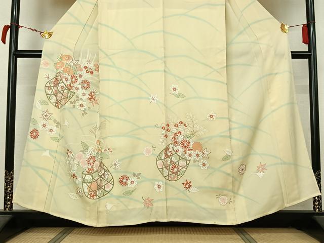 平和屋着物▽訪問着 単衣 駒刺繍 飾花文 金銀彩 正絹 逸品 AABL9213jh