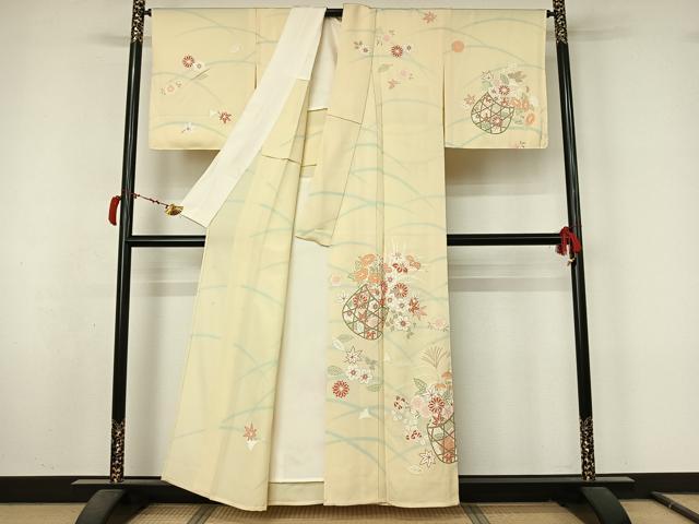 平和屋着物▽訪問着 単衣 駒刺繍 飾花文 金銀彩 正絹 逸品 AABL9213jh