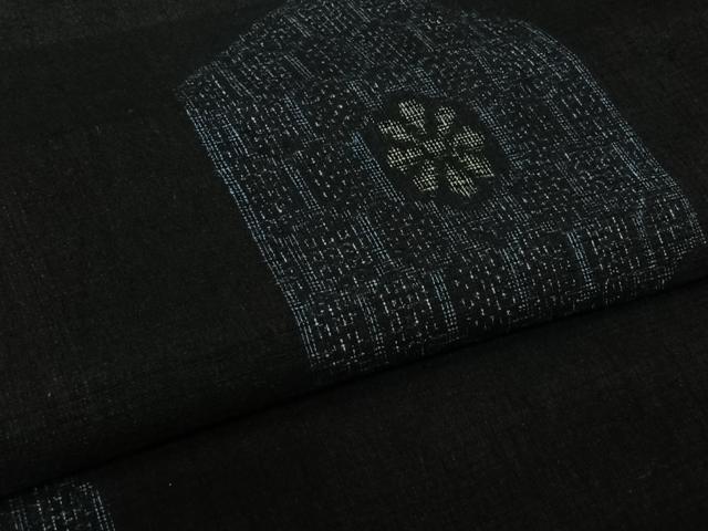 平和屋着物▽結城ちぢみ 単衣 亀甲花文 黒地 正絹 逸品 AABL9225jh