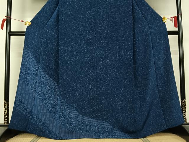 平和屋着物▽訪問着 単衣 藍 更紗花唐草文 正絹 逸品 AABL9232jh