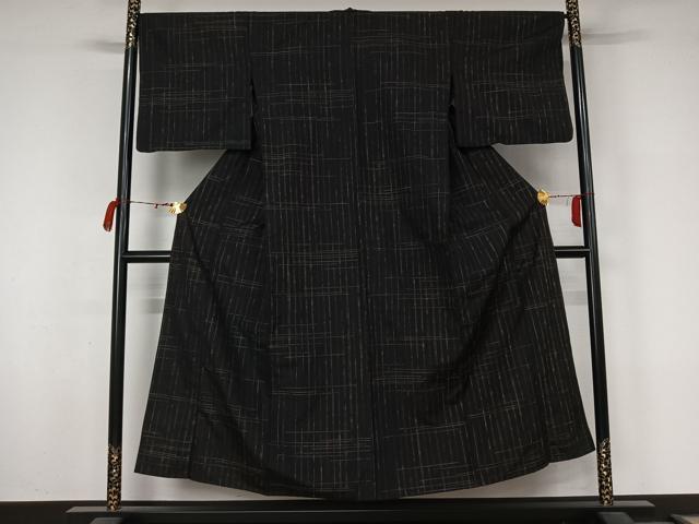 平和屋着物▽上質な紬 単衣 格子 黒地 正絹 逸品 AABL9234jh