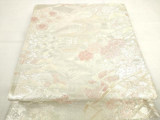 平和屋着物◎佐賀錦 六通柄袋帯 風景文 銀糸 正絹 逸品 AABL9242wj