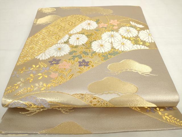 平和屋着物◎六通柄袋帯 唐織 遠山花文 金糸 正絹 逸品 AABL9246wj