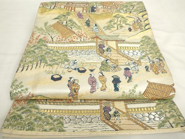 平和屋着物◎六通柄袋帯 唐織 人物風景文 金糸 正絹 逸品 AABL9248wj
