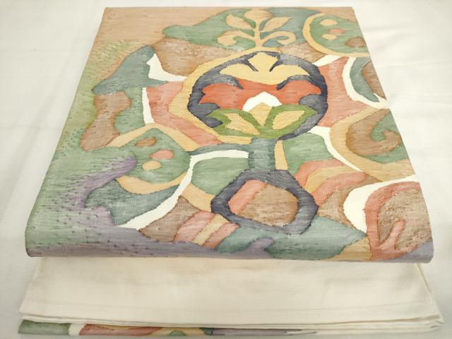平和屋着物◎太鼓柄袋帯 すくい織 草花文 正絹 逸品 AABL9256wj