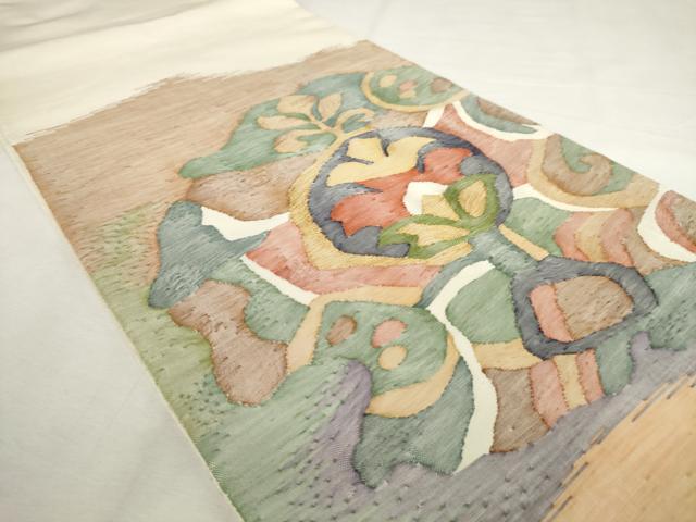 平和屋着物◎太鼓柄袋帯 すくい織 草花文 正絹 逸品 AABL9256wj