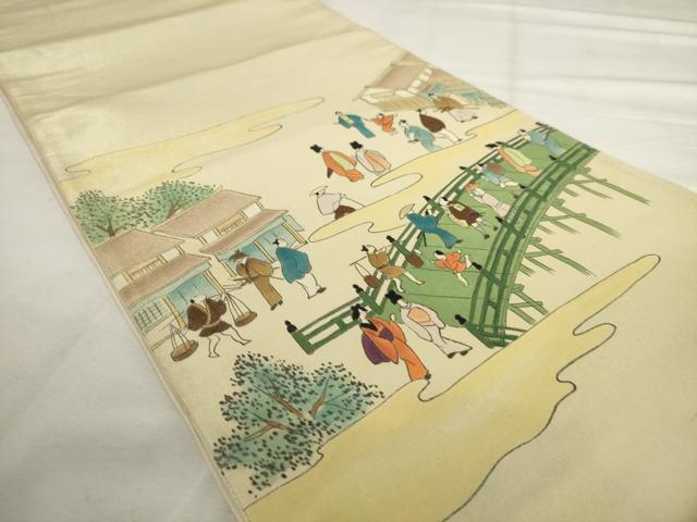平和屋着物◎太鼓柄袋帯 手描き 人物風景文 金糸 正絹 逸品 AABL9266wj