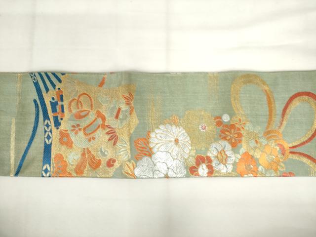 平和屋着物◎アンティーク 大正ロマン 九寸名古屋帯 吉祥花文 金銀糸 正絹 逸品 AABL9272wj