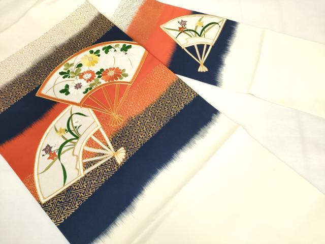 平和屋着物◎九寸名古屋帯 駒刺繍 扇面花文 金糸 金彩 正絹 逸品 AABL9273wj