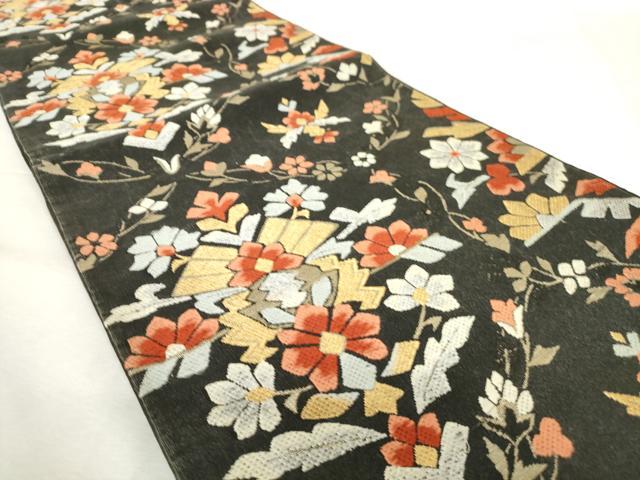 平和屋着物◎六通柄袋帯 唐織 草花文 黒地 金銀糸 正絹 逸品 AABL9292wj
