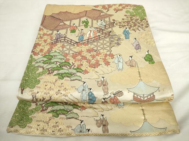 平和屋着物◎六通柄袋帯 唐織 人物風景文 金糸 正絹 逸品 AABL9293wj