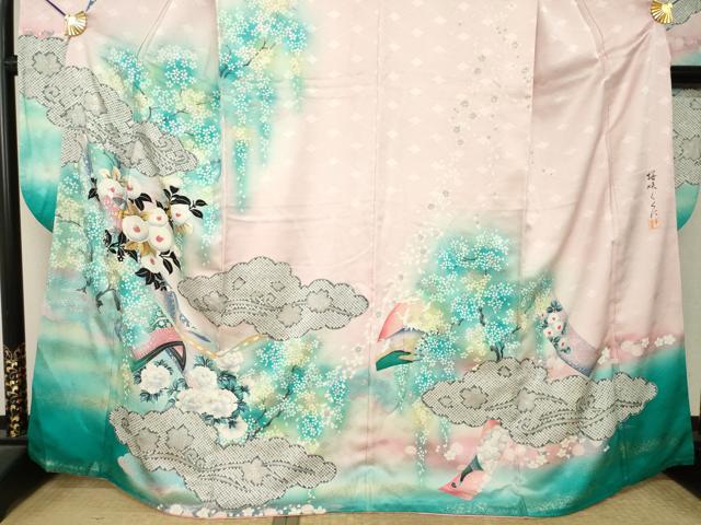 平和屋着物●大正の浮世絵師 竹久夢二 夢二ロマン 振袖 扇面花文 暈し染め 金銀彩 正絹 逸品 AABL9349ck