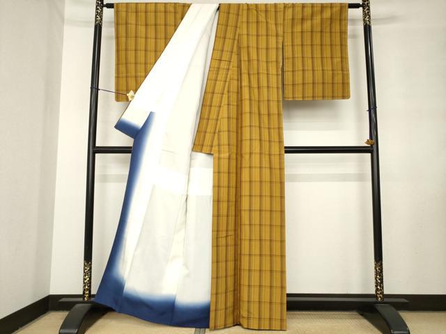 平和屋着物●黄八丈 紬 格子 正絹 逸品 AABL9359ck