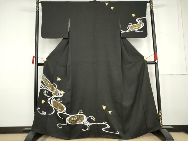 平和屋着物●訪問着 流水に千鳥 黒地 金彩 正絹 逸品 AABL9386cs