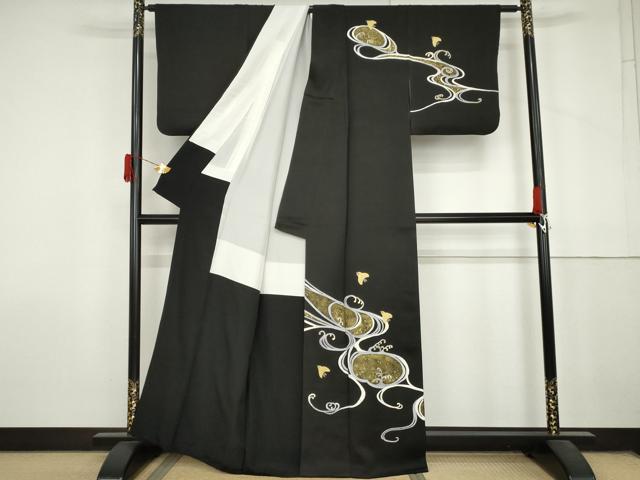 平和屋着物●訪問着 流水に千鳥 黒地 金彩 正絹 逸品 AABL9386cs