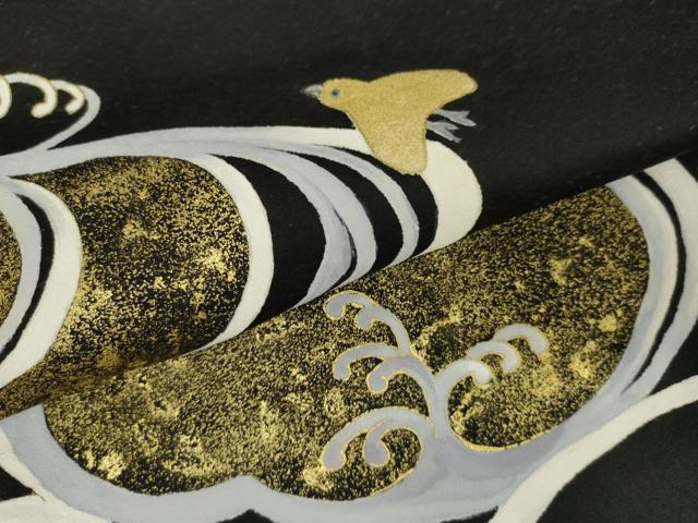 平和屋着物●訪問着 流水に千鳥 黒地 金彩 正絹 逸品 AABL9386cs