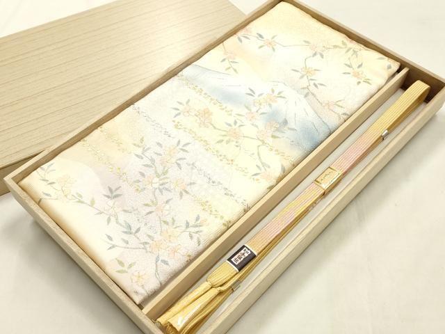 平和屋本店●和装小物 帯締め・帯揚げセット 高麗組 風景花文 金糸 金銀彩 暈し染め 正絹 逸品 未使用 AABL9482ay