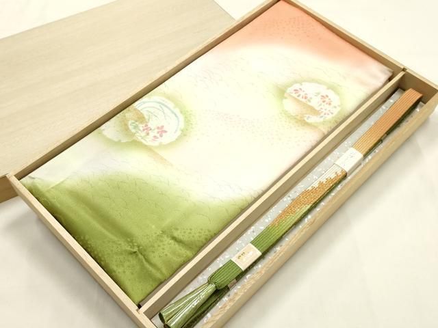 平和屋本店●和装小物 帯締め・帯揚げセット 高麗組 綾出し 雪輪花文 金糸 金彩 暈し染め 正絹 逸品 未使用 AABL9531ay