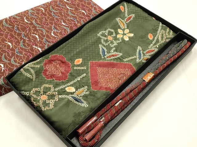 平和屋本店●和装小物 帯締め・帯揚げセット 丸組 絞り 刺繍 草花文 金糸 金彩 暈し 正絹 逸品 未使用 AABL9559ay