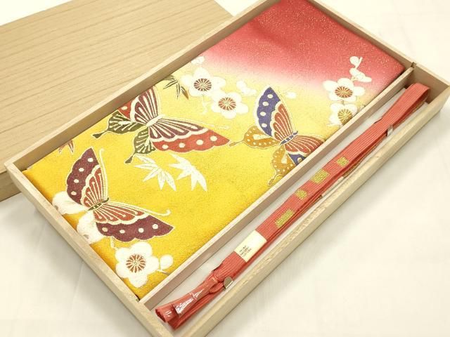 平和屋本店●和装小物 帯締め・帯揚げセット 高麗組 舞蝶花文 梅竹 金糸 金彩 暈し染め 正絹 逸品 未使用 AABL9616ay
