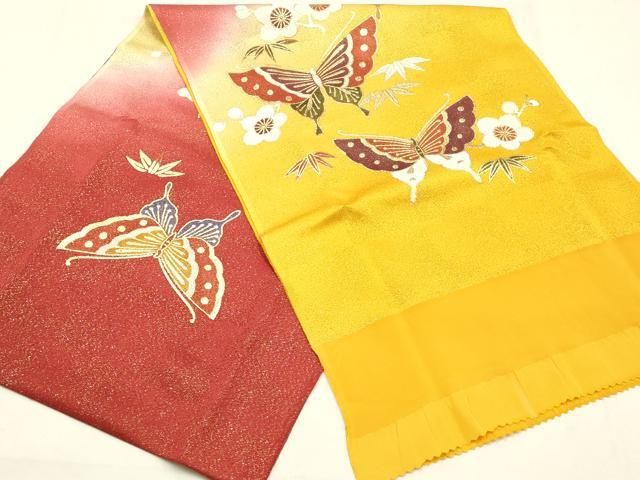 平和屋本店●和装小物 帯締め・帯揚げセット 高麗組 舞蝶花文 梅竹 金糸 金彩 暈し染め 正絹 逸品 未使用 AABL9616ay