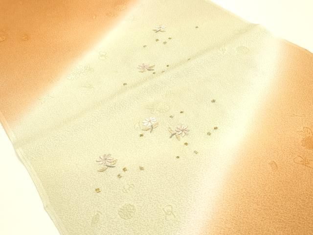 平和屋本店▼和装小物 帯揚げ 刺繍 草花文 金糸 暈し染め 正絹 逸品 AABL9633ay