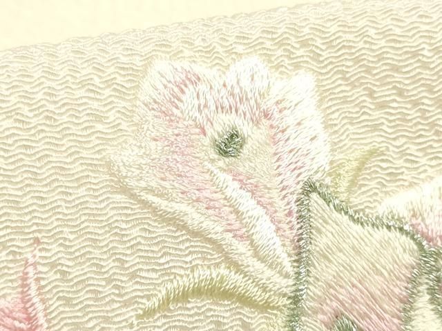 平和屋本店▼ブライダルファッションデザイナー・桂由美 和装小物 帯揚げ 刺繍 薔薇 バラ 正絹 逸品 未使用 AABL9641ay