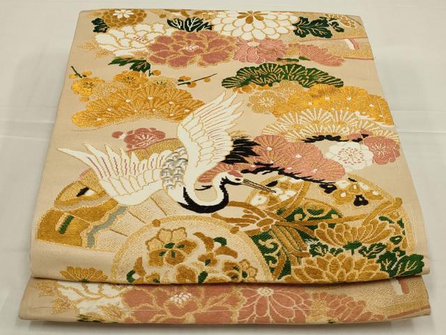 平和屋着物◎アンティーク 大正ロマン 丸帯 唐織 飛鶴花鼓文 金糸 正絹 逸品 AABL9808ou
