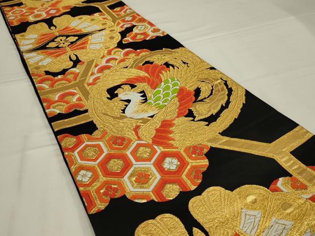 平和屋着物◎六通柄袋帯 唐織 吉祥舞蝶文 黒地 金糸 正絹 逸品 未使用 AABL9810ou