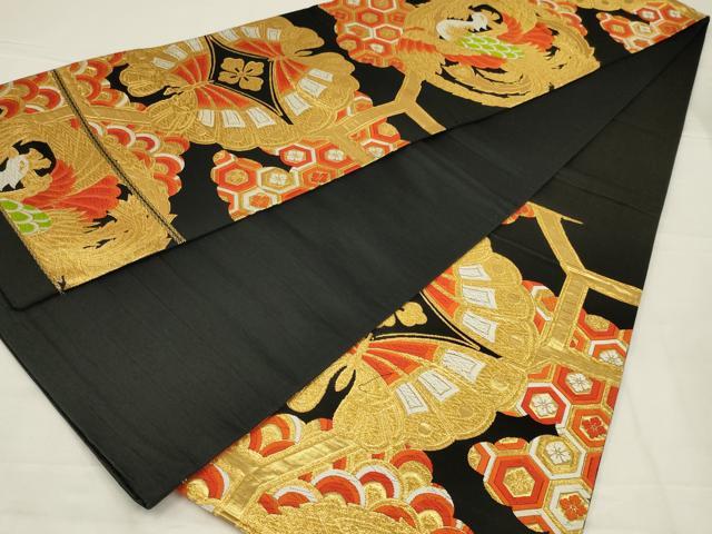 平和屋着物◎六通柄袋帯 唐織 吉祥舞蝶文 黒地 金糸 正絹 逸品 未使用 AABL9810ou