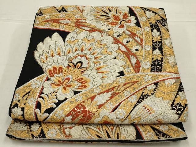 平和屋着物◎六通柄袋帯 唐織 更紗花文 黒地 金銀糸 正絹 逸品 AABL9811ou