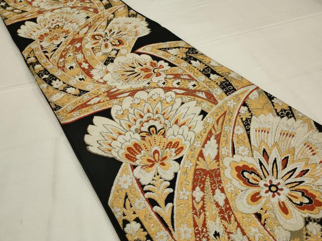 平和屋着物◎六通柄袋帯 唐織 更紗花文 黒地 金銀糸 正絹 逸品 AABL9811ou