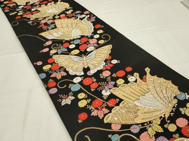 平和屋着物◎六通柄 本袋帯 唐織 舞蝶文 黒地 金銀糸 正絹 逸品 AABL9815ou