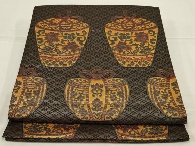 平和屋着物◎六通柄袋帯 仕覆文 黒地 金糸 正絹 逸品 AABL9816ou