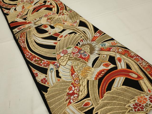 平和屋着物◎六通柄 本袋帯 唐織 都金綴 鳳凰花文 黒地 金糸 AABL9817ou