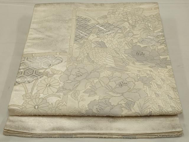 平和屋着物◎中国三大刺繍 相良刺繍 太鼓柄袋帯 花鳥文 銀糸 正絹 逸品 AABL9819ou