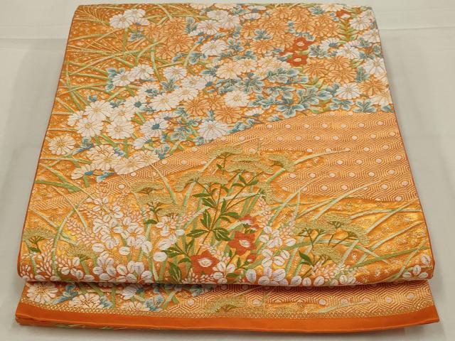 平和屋着物◎六通柄袋帯 唐織 草花文 金糸 正絹 逸品 AABL9820ou