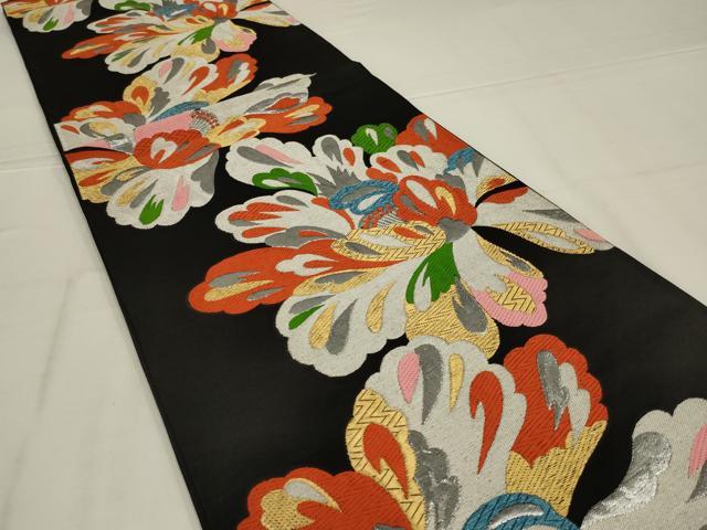 平和屋着物◎六通柄袋帯 唐織 舞花文 黒地 金銀糸 正絹 逸品 AABL9828ou