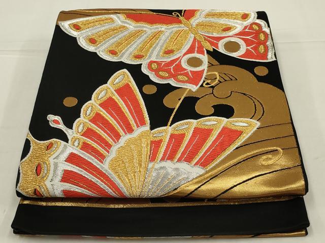 平和屋着物◎西陣 六通柄袋帯 唐織 立波舞蝶文 黒地 金銀糸 正絹 逸品 AABL9829ou