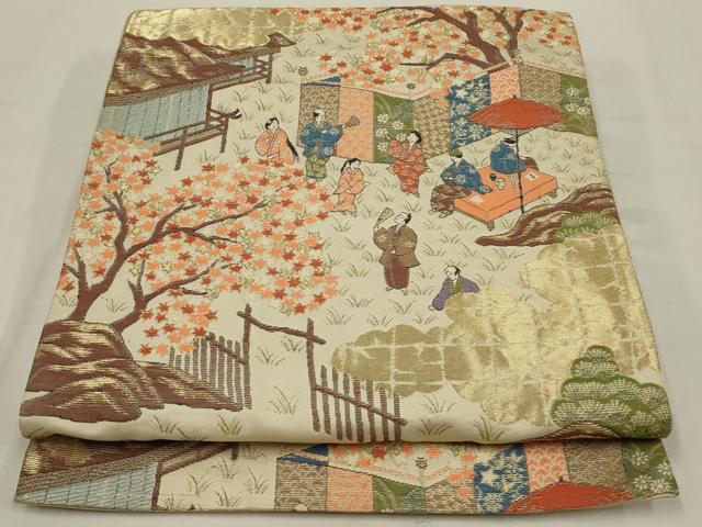 平和屋着物◎六通柄 京袋帯 唐織 人物風景文 金糸 正絹 逸品 AABL9832ou
